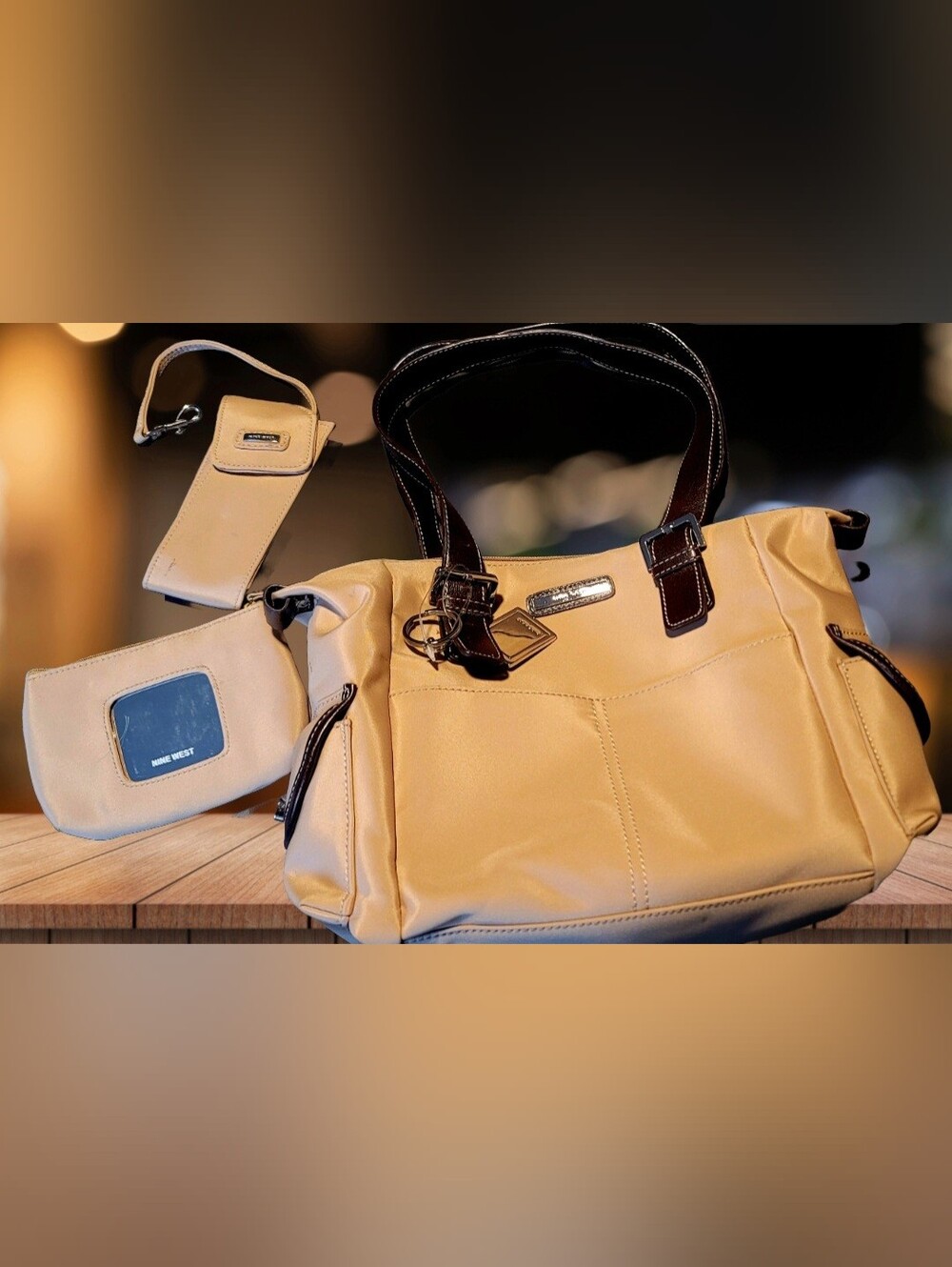 Nine West Vintage Canvas Tan Handbag Tote with Dark Brown Trim - Picture 2 of 4